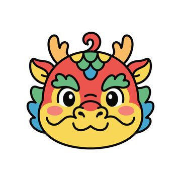 Cute cartoon red dragon head vector illustration with bright colors and friendly smile