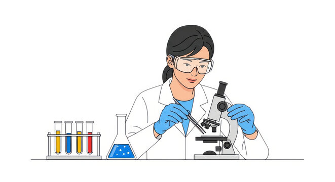Woman using microscope in lab isolated on transparent background