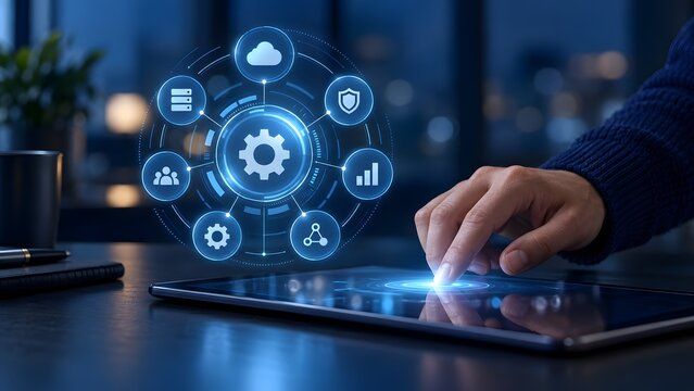 Hand touching digital tablet with holographic system management interface and settings icons