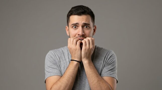Anxious young man biting his nails against a gray studio background.
