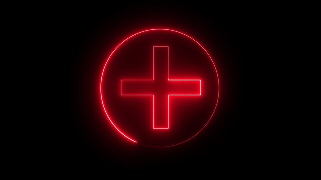 Animated Glowing rad Neon Plus Sign with Spinning Circular Frame on Solid Black Background,