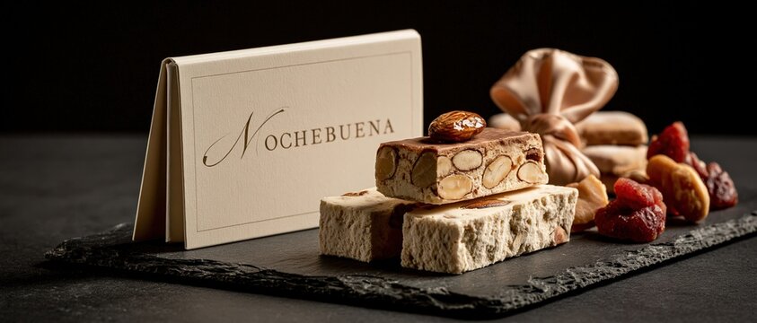Artisan almond turron slices stacked on slate, beside an elegant gift box, dried fruit, and ribbon. Perfect for premium holiday gifting, gourmet confectionery, and festive Spanish Christmas.
