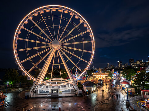 Illuminated Ferris Wheel Spinning at Night in Amusement Park with Carousel and City Skyline