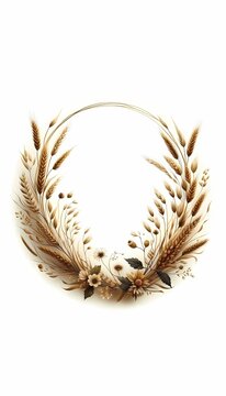 A rustic, round floral frame with a border of golden wheat ears, dried oats, and small, wild grasses, with a warm, harvest-inspired, bohemian feel, Ai generated image