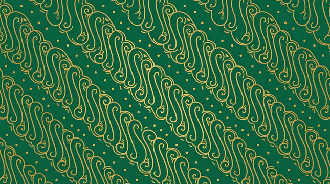 Green and gold parang batik diagonal wavy pattern.