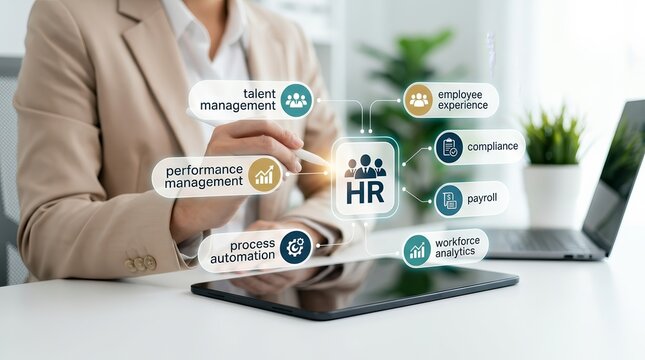 Digital tablet displaying an HR dashboard hologram for employee experience, talent management, and workforce analytics.