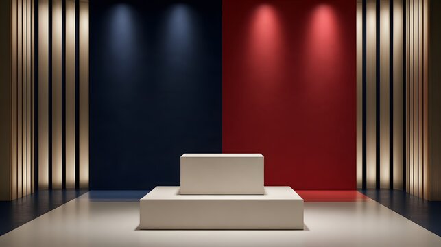 Symmetrical product showcase stage with split navy and crimson wall, four spotlights, 2-tier rectangular white block podium, copy space