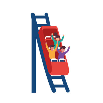 Rollercoaster car carrying happy people on a thrill ride track