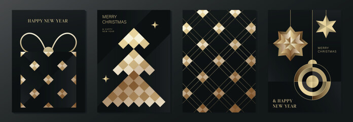 Plakat Luxury Christmas and Happy New Year 2027 vector poster collection with black and gold bows, geometric tree, diamond pattern, star ornaments and elegant festive design