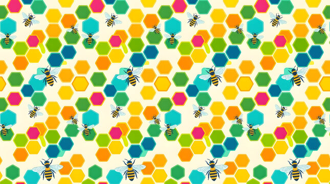 Honeybee and colorful hexagon honeycomb pattern background.