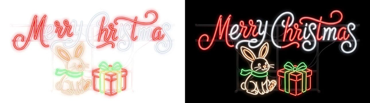 Merry Christmas neon script lettering with a bunny wearing a green scarf beside a gift box for cards in PNG, Transparent and Black Background Versions