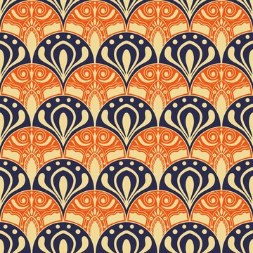 Seamless repeating ornamental pattern featuring alternating fan and arch motifs with curled botanical details, arranged in a rhythmic symmetrical layout using navy, orange, and warm cream tones.