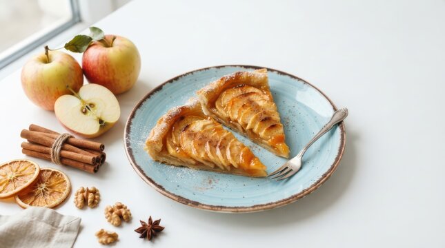 Two slices of apple tart on a blue plate with cinnamon sticks, walnuts, and dried orange slices