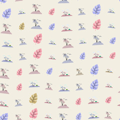 Naklejka premium Tropical Islands and Palm Trees Seamless Pattern