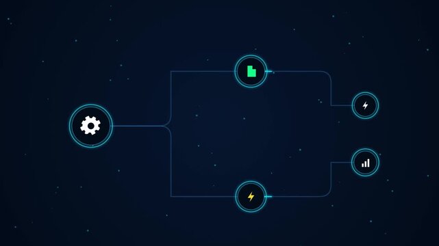 Animated flowchart diagram with glowing data transfer nodes