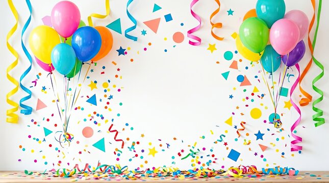 A vibrant celebration scene with colorful balloons, confetti, and streamers. A group of balloons in various shades of blue, pink, yellow, and orange float against a white wall.