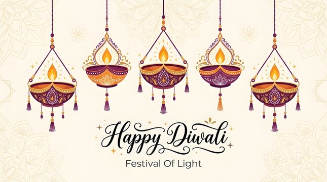 Happy diwali festival of lights greeting card with hanging diya lamps