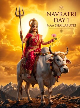 Navratri day 1 maa shailaputri greeting design with bull mount indian festival goddess worship navratri shailaputri hinduism mountain religion