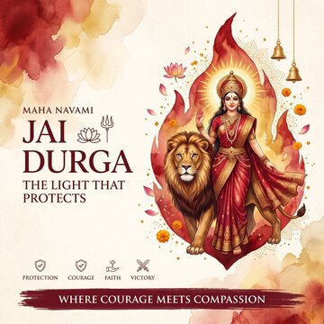 Maha navami jai durga greeting card with goddess illustration and lion durga puja indian festival spirituality religion hinduism greeting