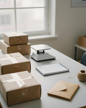 Organized packaging workspace with kraft boxes scale packing notes and twine on wooden table near window under soft natural light creating calm and efficient shipping environment