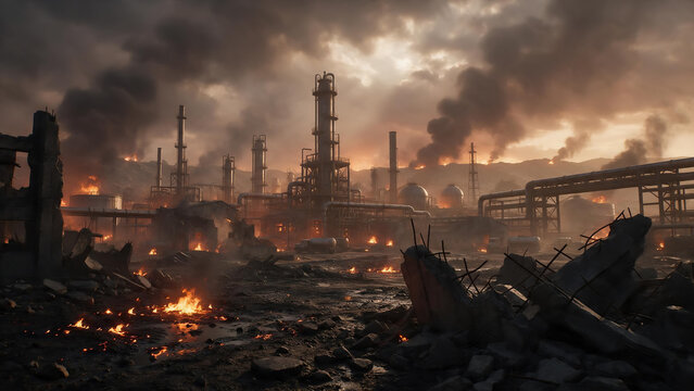 Conceptual scene of a ruined oil refinery as a strategic target during geopolitical conflict, with fire and smoke illustrating attacks on energy infrastructure, sabotage risk and supply disruption.