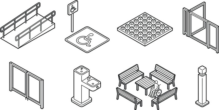 Collection of isometric accessibility and universal design line art vector icons for public infrastructure.