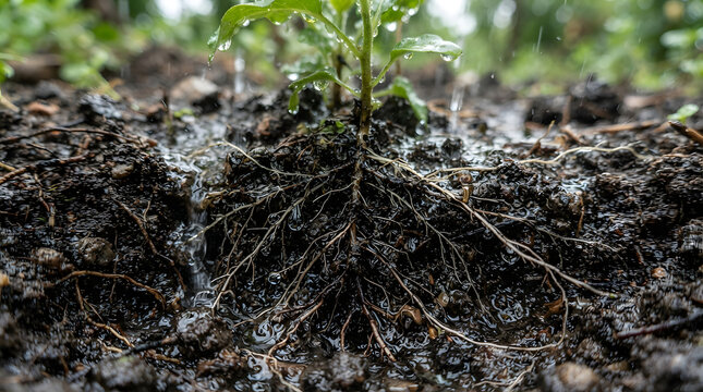 Plant roots absorb nourishing water droplets within dark moist soil in a close-up macro shot of garden growth.