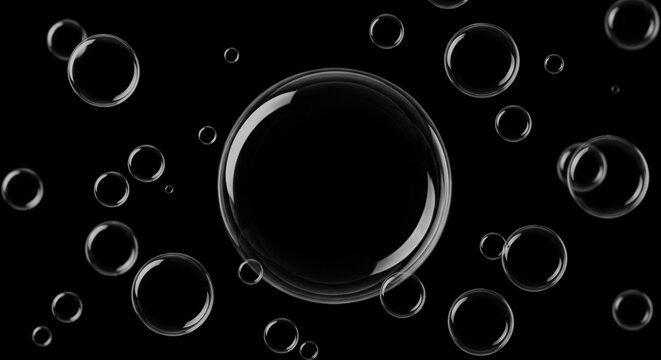 Transparent soap bubbles floating in the dark space with soft highlights and circular shapes on a solid black background
