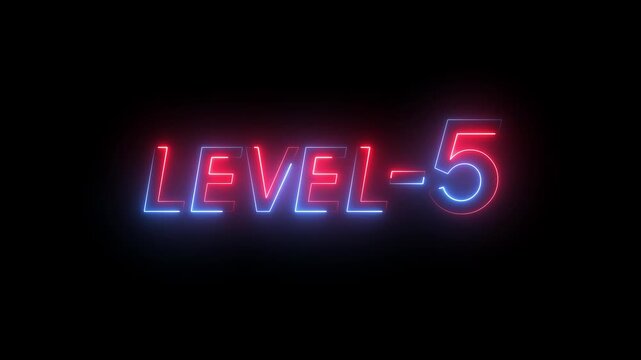Level -5 neon bright text animation on a transparent background.,Ideal for futuristic game intros animation. Neon level 1 up sing