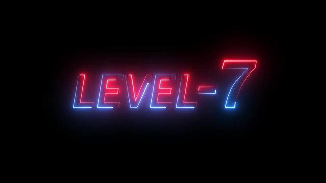 Level -7 neon bright text animation on a transparent background.,Ideal for futuristic game intros animation. Neon level 1 up sing