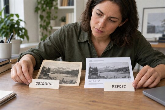 Woman at Desk Comparing Original Vintage Landscape Photograph with Social Media Repost