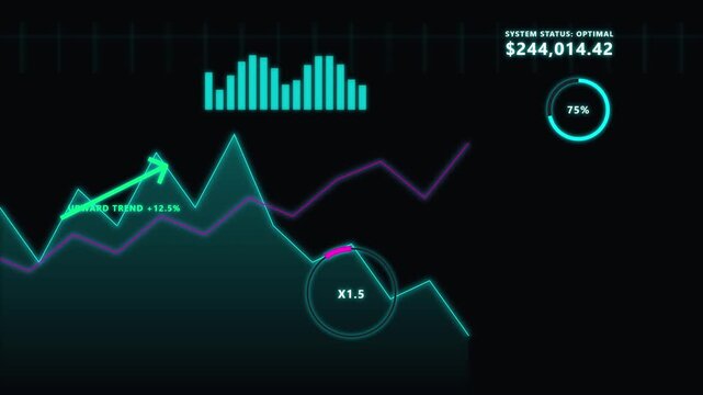 Animated financial chart with glowing neon lines and data graphs