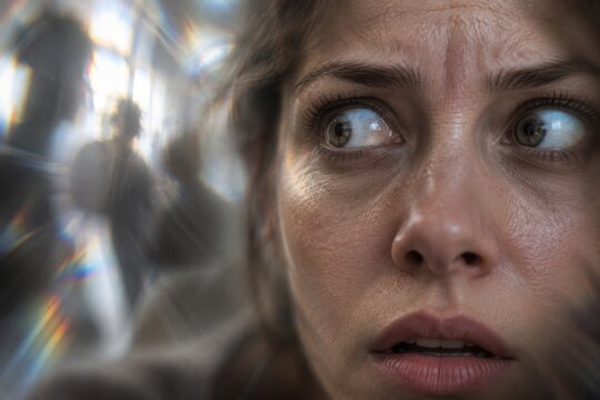 A woman stares wide-eyed beside blurred human figures. Her eyes are wide and fixed toward the side. Schizophrenia, voices in the head and hallucination define a mental health crisis.