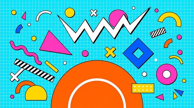 Memphis style geometric pattern on blue grid background with geometric background colorful abstract illustration