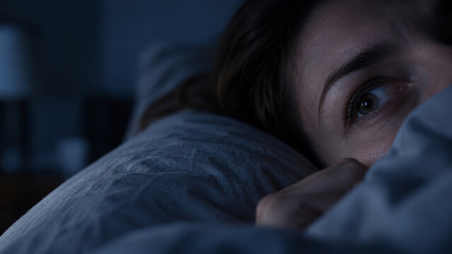 A frightened woman lies under the covers, unable to sleep. One wide-open eye is visible above the edge of the bedding. Nighttime anxiety and insomnia torment her with fear.