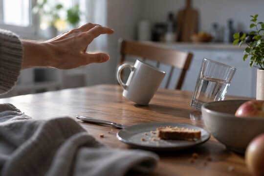 A hand reaches toward a tilted cup at a dining table. The outstretched hand hovers above the table beside the cup. Visual metaphor for schizophrenia, hallucination and voices in the head.