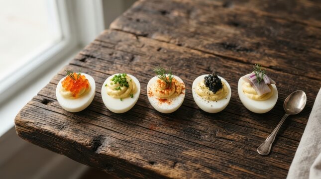 Gourmet deviled eggs with various toppings like caviar, salmon roe, herbs, and fish, arranged on a rustic wooden table with a vintage silver spoon
