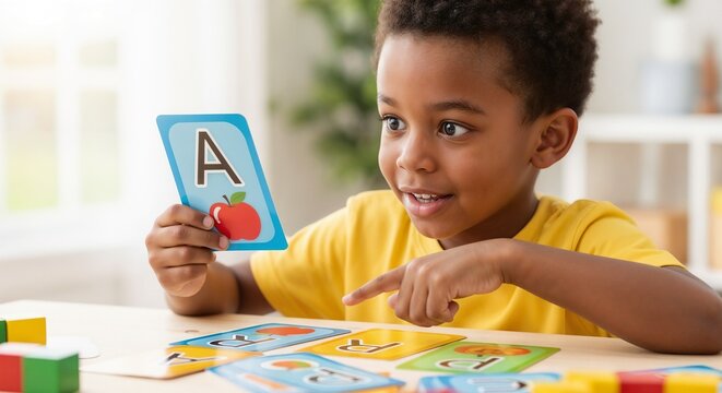Black boy learning alphabet with colorful flashcards showing letters and images on table. Excited child pointing at letter A while exploring educational tools during playful learning session.