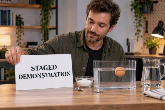 Man Holding Staged Demonstration Sign Next To A Floating Egg Experiment