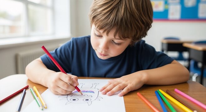 Boy drawing monster on paper at school desk with colored pencils scattered around. Engaged in creative activity, boy focuses on drawing a cartoon character with excitement and imagination.