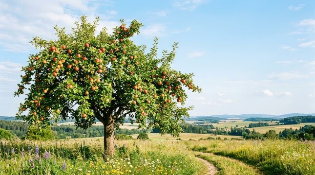 A mature apple tree stands prominently in a grassy field, laden with ripe, red apples. The tree is positioned on a gentle slope, overlooking a rolling landscape of green hills and fields.