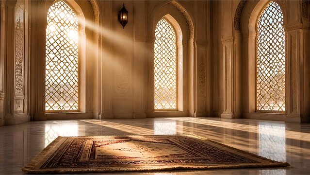 Empty mosque interior with islamic arched windows, sunlight rays shining on prayer rug, peaceful ramadan concept