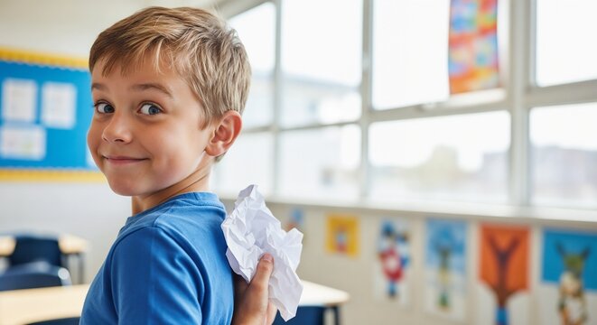 Boy hiding paper behind back in classroom, smiling mischievously with crumpled paper in hand while looking back at the viewer.
