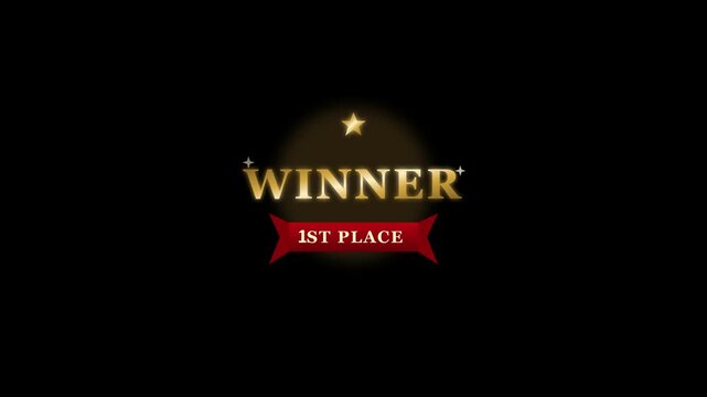 Golden winner 1st place text title animation with red ribbon and sparkling star on dark background