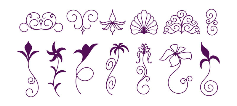 Elegant Floral Flourish Vector Collection with Ornate Botanical Swirls, Curved Vines, Tropical Leaves and Decorative Flowers for Wedding Invitations, Branding, Packaging, Stationery and Luxury Design