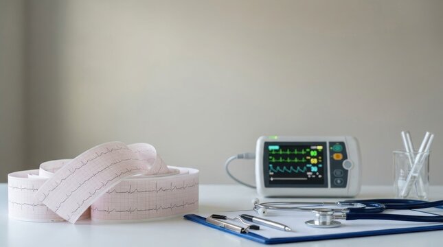 A medical professional monitors a patient's heart rhythm using an electrocardiogram (ECG) machine. A printed ECG strip displays a patient's heart tracing.