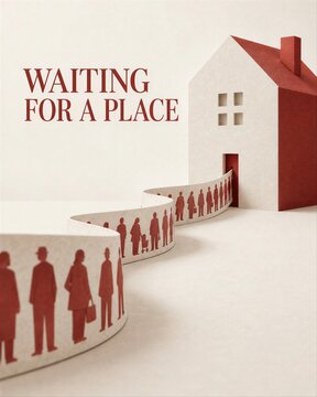 Miniature House Model With a Long Line of Red Paper Cutout People