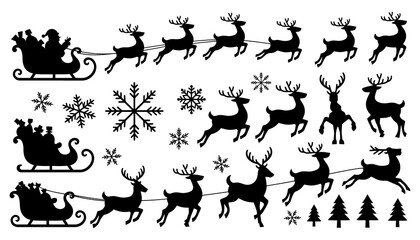 Black silhouette collection of santa claus in sleigh pulled by reindeer snowflakes and christmas trees 1 © MOHAMMADTORIQUL