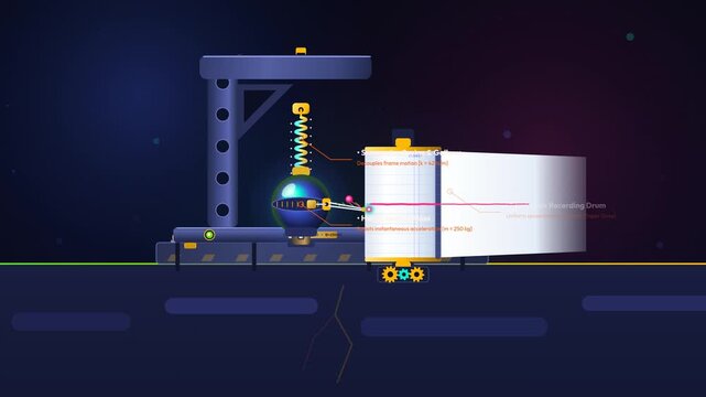 Educational animation illustrating the mechanics of a seismometer, showing how inertia and a stationary mass record seismic waves and ground displacement during an earthquake on a rotating drum