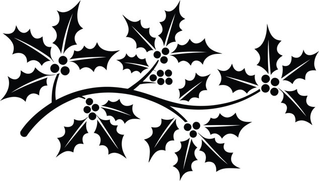 Black silhouette of a holly branch with leaves and berries on a white background